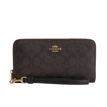 Portfel damski Coach Long Zip Around Wallet Signature Canvas złoty/orzechowy/czarny